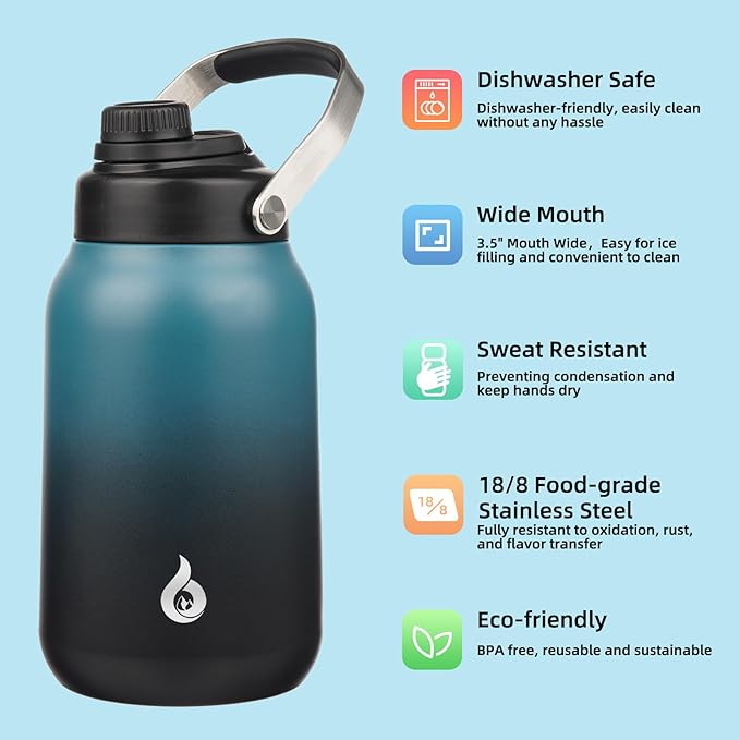 BJPKPK Half Gallon Insulated Water Bottles, 64oz Water Jug with Metal Handle & BPA Free Spout Lid, Dishwasher Safe Thermo, Large Stainless Steel Gym Sport Jugs, Blue Black