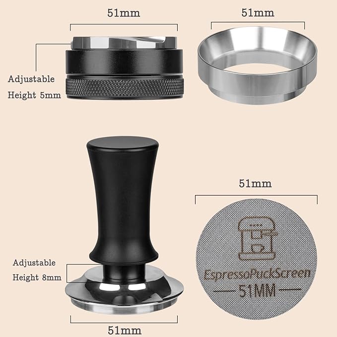 51mm Espresso Tamper Set - Spring-loaded Coffee Tamper, Adjustable Depth Espresso Distributor Leveler, Magnetic Dosing Funnel Aluminum Metal, Reusable Puck Screen, Fit for 51mm Portafilters