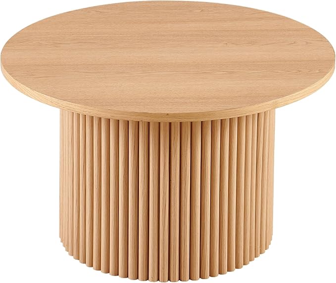 NORDICANA Single Accent Round Coffee Table, 27.5 Inch Wide 16.7 Inch Tall Oak Color Farmhouse Center Table for Living Room, Manufactured Wood Top with Oak Veneer 16.7 Height Tall