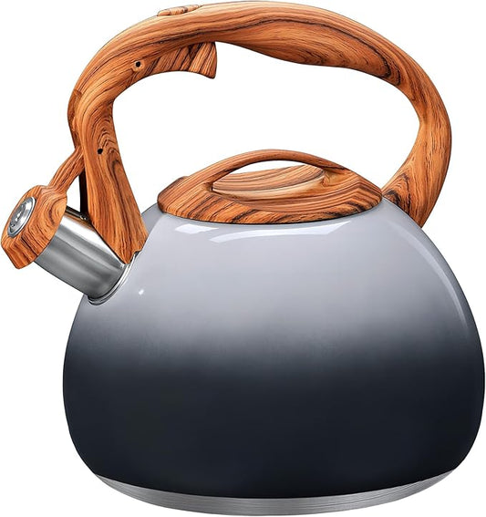 GGC Tea Kettle for Stove Top, 3.1QT/3L Whistling Tea Kettles for Boiling Water Coffee or Milk, Grey&Black Gradient kettle Pot with Wood Parttern Handle, Stainless Steel Pot for Home and Kitchen