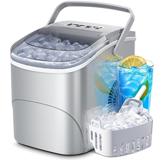 Kismile Ice Makers Countertop with Handle,9 Cubes in 6 Mins,26Lbs/24H,Portable Ice Machine with Self-Cleaning for Home(Grey)
