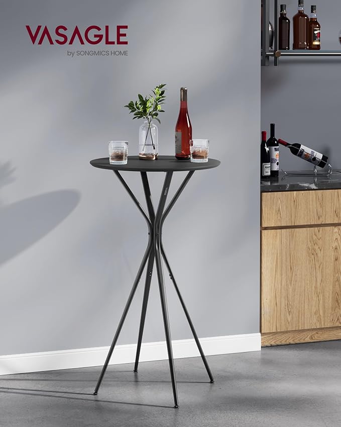 VASAGLE Bar Table, Round Cocktail High Top Pub Bistro Table for Events Party, Kitchen Dining, Home Bar, 23.6 x 23.6 x 41.3 Inches, Sturdy Metal Frame, Modern Style, Easy to Assemble, Black