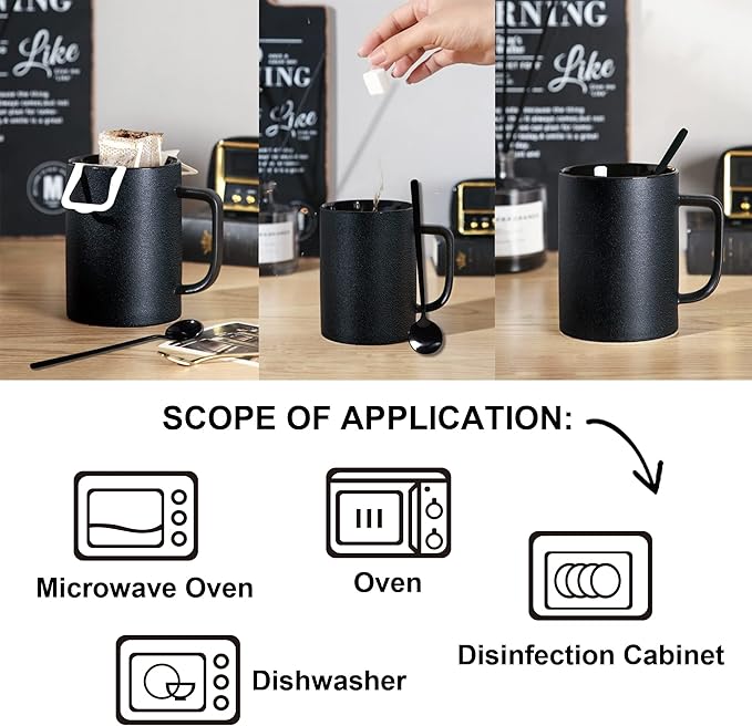 Coffee Mugs, Matte Black Ceramic Mug Set of 2, 13.5 OZ Large Coffee Set with Black Coffee Spoons, Big Cups for Cappuccino Latte or Tea for Home Office Restaurant or Bar, for Men and Women Couple Gift