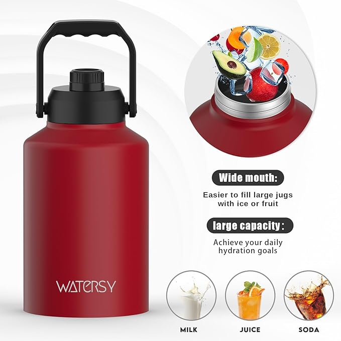 Half Gallon Water Bottle Insulated(Cold for 48 Hrs),BPA Free&Leak Proof,64oz Stainless Steel Water Jug/Flask,Big thermo,Large Water Bottle with Handle for Gym,Hiking,Camping,Red