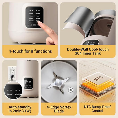 Bear 8 in 1 Nut Milk Maker Machine, 40oz/1.2L Soy Milk Maker with Self Clean/12H Delay/6H Keep Warm, One Touch Alomnd Milk Maker for Homemade Oat, Soup, Juice, Plant Based and Non Dairy Beverages