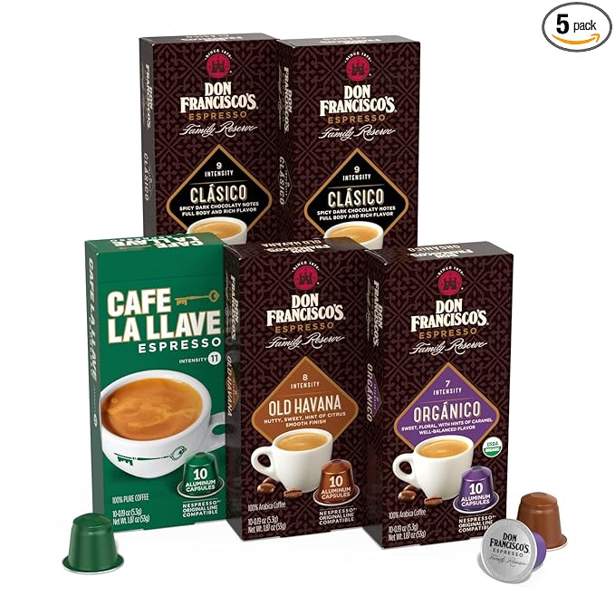Don Francisco's and Cafe La Llave Espresso Capsule Variety Pack - 50 Recyclable Aluminum Pods Compatible with Nespresso Originalline - Premium Coffee with 4 Flavors and Intensities