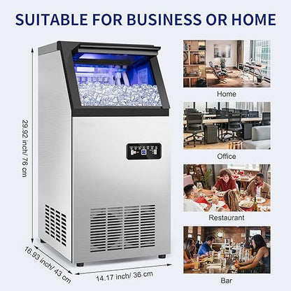 Commercial Ice Maker Machine 120Lbs/24H with 35Lbs Ice Capacity, 45Pcs Clear Ice Cubes Ready in 11-20Mins, Stainless Steel Under Counter Freestanding Large Ice Machine, 2 Water Inlet Modes