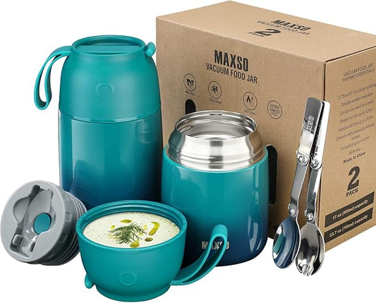 MAXSO 2 Pack Soup Thermo for Hot Food, Vacuum Insulated Food Jar Thermal Lunch Containers for Adults, Travel Food Flask (24 oz,17 oz) (Gradual Blue-green)