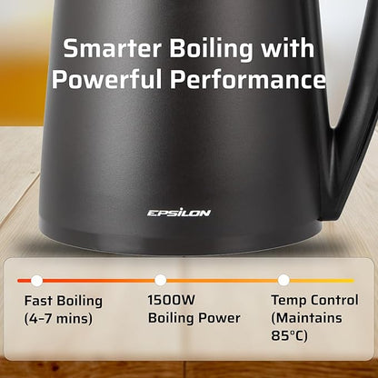 Epsilon Electric Kettle 1100W - 1.7L, Electric Tea Kettle with Boil Dry Protection and Auto Shut-Off, Fast Boil Electric Tea Kettle, Double Wall Stainless Steel, Removable Top and BPA Free