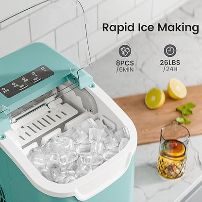 Kismile Ice Makers Countertop with Handle,8 Cubes in 6 Mins,Portable Ice Maker Machine with Self-Cleaning for Home/Office(Green)