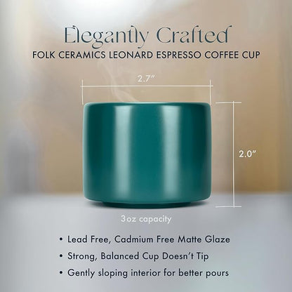 Folk Ceramics Leonard Ceramic Espresso Cups | Modern Stackable Demitasse Mugs for Espresso | Thick Walled, Handleless, Durable, Dishwasher & Microwave Safe | Set of 2, 3oz | Blue Emerald