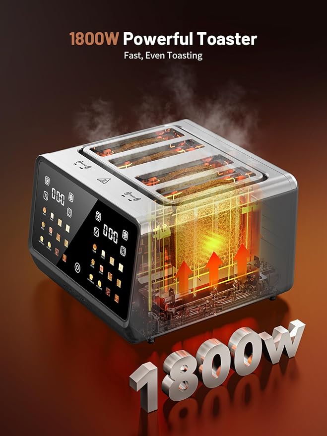 4 Slice Toaster with Touch Screen, Stainless Steel Smart Bread Toaster, 1.5" Wide Slots, 6 Shade Settings & 6 Bread Types for Bagels, Timer, Single Slice Toasting, Reheat, Defrost, 1800W