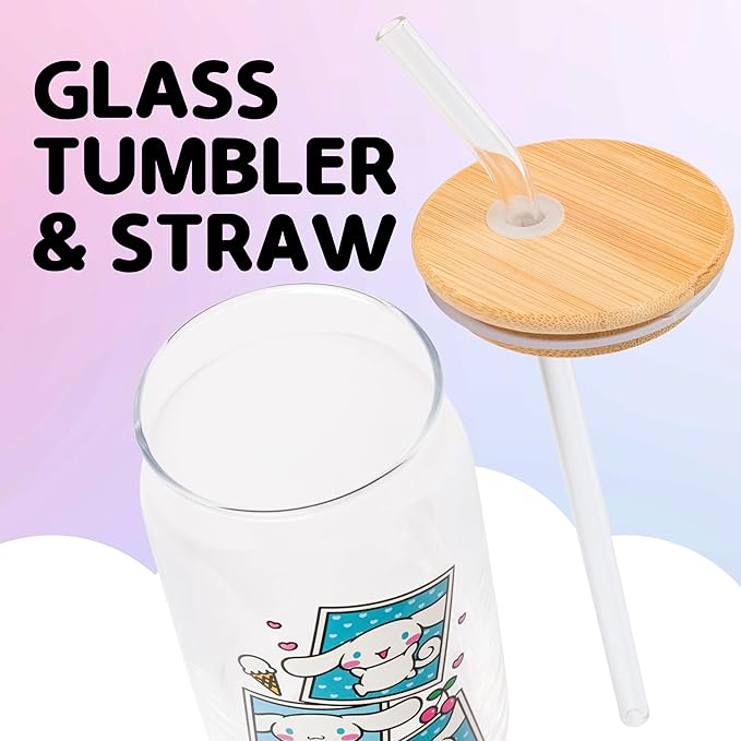 Silver Buffalo Sanrio Hello Kitty and Friends Cinnamoroll Polaroids Glass Jar Tumbler with Bamboo Lid and Glass Straw, 16 Ounces