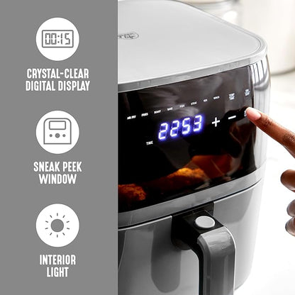 GreenLife Compact Electric Air Fryer Oven, 5.3 QT, PFAS-Free Ceramic Nonstick Drawer, 8 One Touch Digital Display, Easy View Window, Auto Shut-Off Timer, Dishwasher Safe Parts, 1500 Watts, Graphite