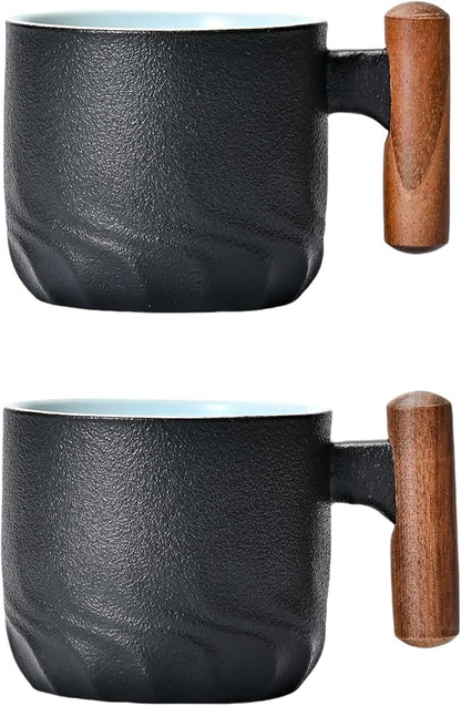 2 oz Espresso Cups Set of 2, Ceramic Espresso Cups with Wooden Handle Small Tea Cups