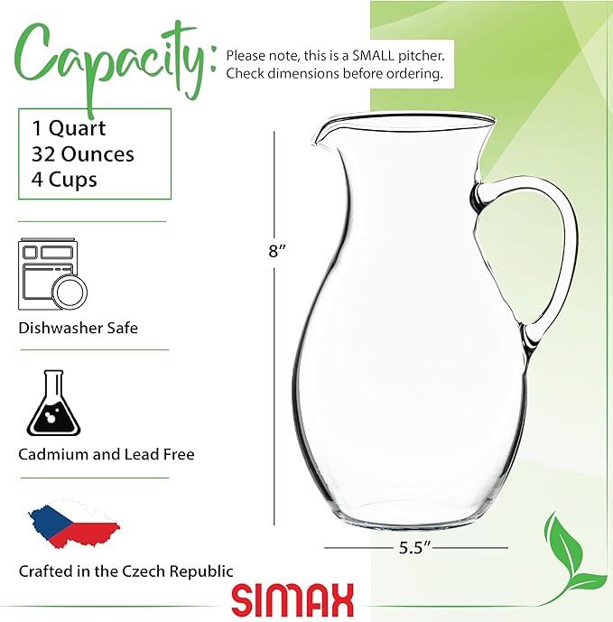 Simax Glass Pitcher With Spout, SMALL 1 Quart Borosilicate Glass Pitchers With Handle,Glass, Cocktail Pitcher, Margarita, Sangria, Beverage Pitchers