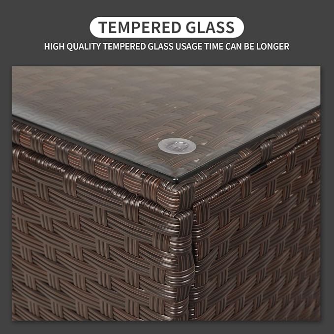 Rattaner Patio Furniture Wicker Coffee Table Outdoor Garden Square Side Table with Tempered Glass Top Brown