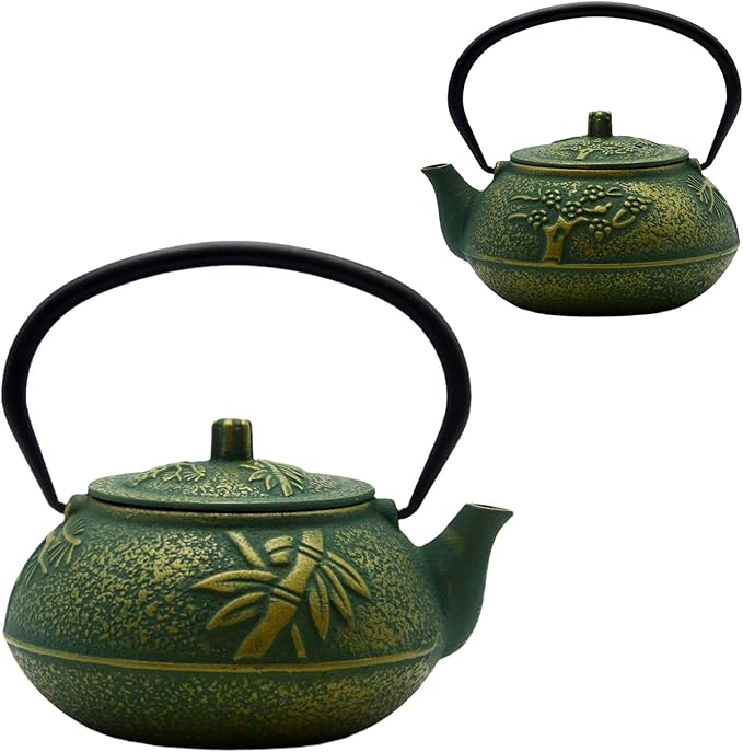 900ml Small Cast Iron Tea Kettle, SECHUDO Teapot Coated with Enameled Interior for Stovetop, Japanese Green Tea Pot with Stainless Steel Strainer for Loose Leaf, Pine,Bamboo and Plum Pattern(30.4oz)