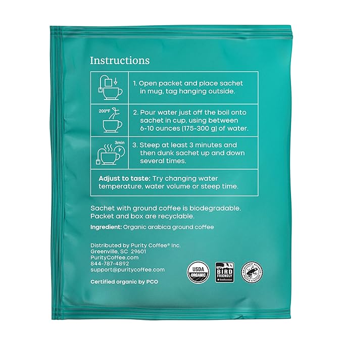 Purity Coffee FLOW Medium Roast Organic Coffee - USDA Certified Organic Specialty Grade Arabica Single-Serve Packets - Third Party Tested for Mold, Mycotoxins and Pesticides - 5 ct Box