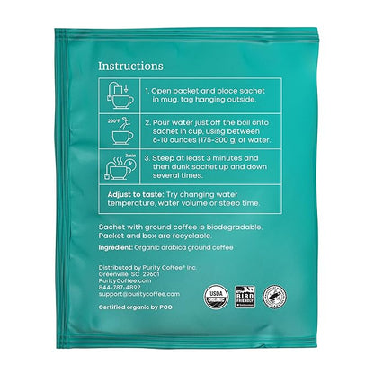 Purity Coffee FLOW Medium Roast Organic Coffee - USDA Certified Organic Specialty Grade Arabica Single-Serve Packets - Third Party Tested for Mold, Mycotoxins and Pesticides - 5 ct Box