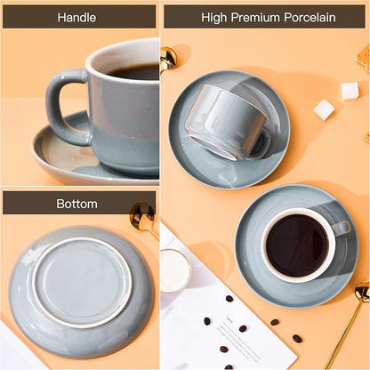 7 oz Coffee Cups with Saucers Spoons - Set of 6 Cappuccino Cups, Grey Porcelain Cups Serving for Tea Espresso Latte Mocha