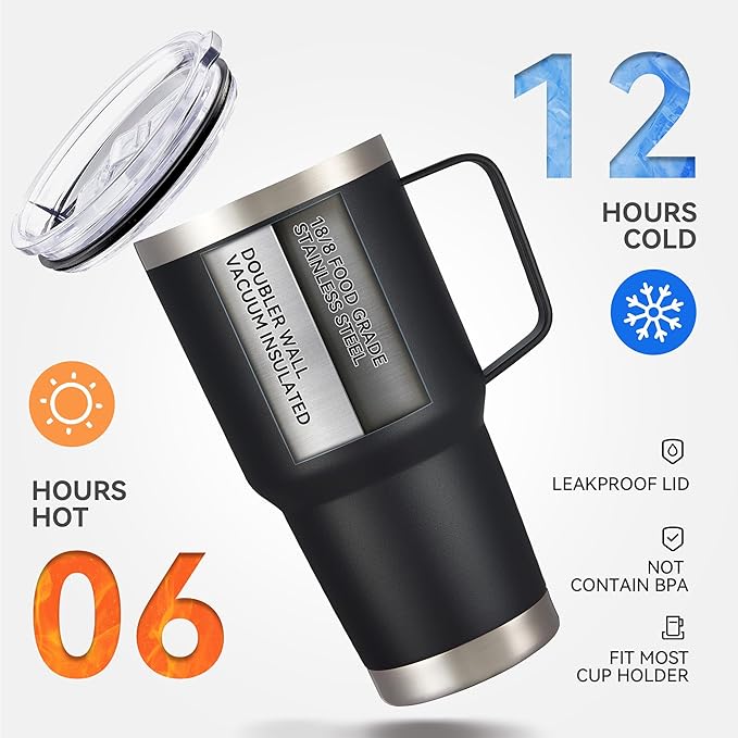 30 oz Tumbler with Handle and Lid, Stainless Steel Tumblers Bulk Double Wall Vacuum Insulated Travel Mug Leak Proof Cup Keep Drinks Cold and Hot Black, 12 Pack
