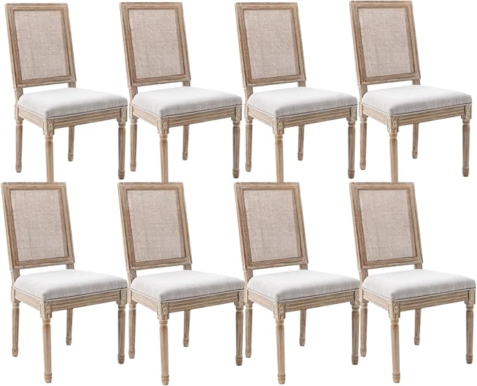 CIMOTA Farmhouse Dining Chairs Set of 8, French Rattan Dining Room Chairs with Rectangle Back/Distressed Wood Upholstered Vintage Side Chairs for Kitchen/Restaurant, 8PCS/Grey