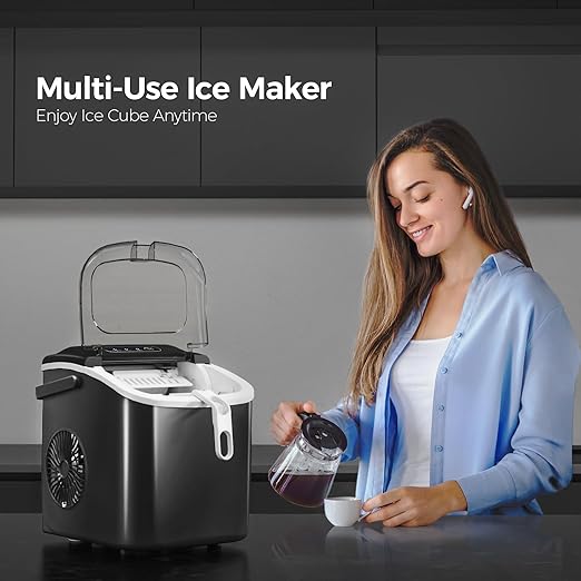 Crzoe Countertop Ice Maker Machine with Handle,26Lbs/24H,9 Cubes Ready in 6 Mins,Self-Cleaning Function with Ice Scoop and Basket for Home/Office(Deeply Black)