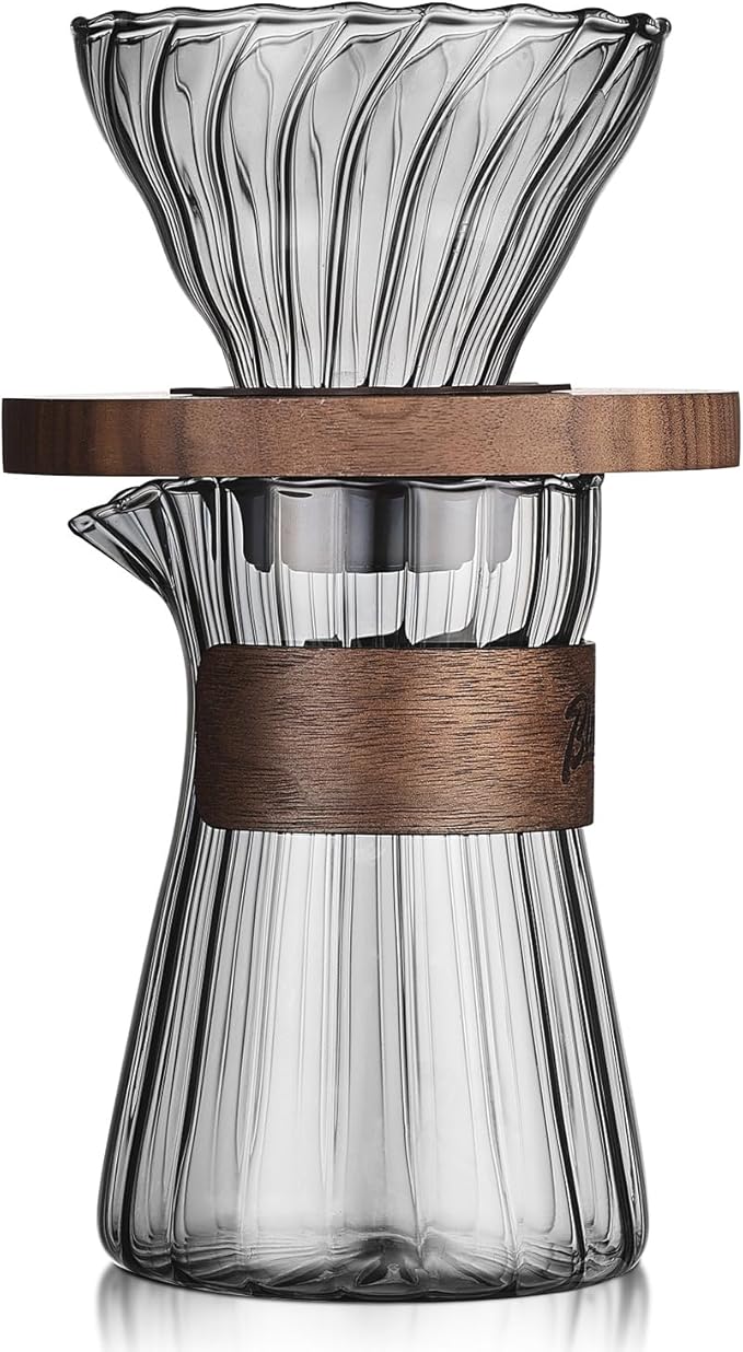 Bincoo Pour Over Coffee Maker Set - 500ML Glass Coffee Server Coffee Carafe with Walnut Dripper and 50PCS Paper Filter, Drip Coffee Maker Set for Home Café Restaurant