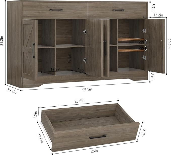 55" Sideboard Buffet Cabinet with Storage, Large Kitchen Storage Sideboard with Drawers & Doors, Modern Wood Farmhouse Coffee Bar Cabinet, Buffet Table for Kitchen, Dining Room, Living Room, Dark Wood