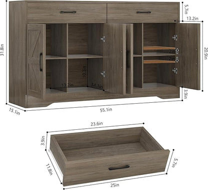 55" Sideboard Buffet Cabinet with Storage, Large Kitchen Storage Sideboard with Drawers & Doors, Modern Wood Farmhouse Coffee Bar Cabinet, Buffet Table for Kitchen, Dining Room, Living Room, Dark Wood