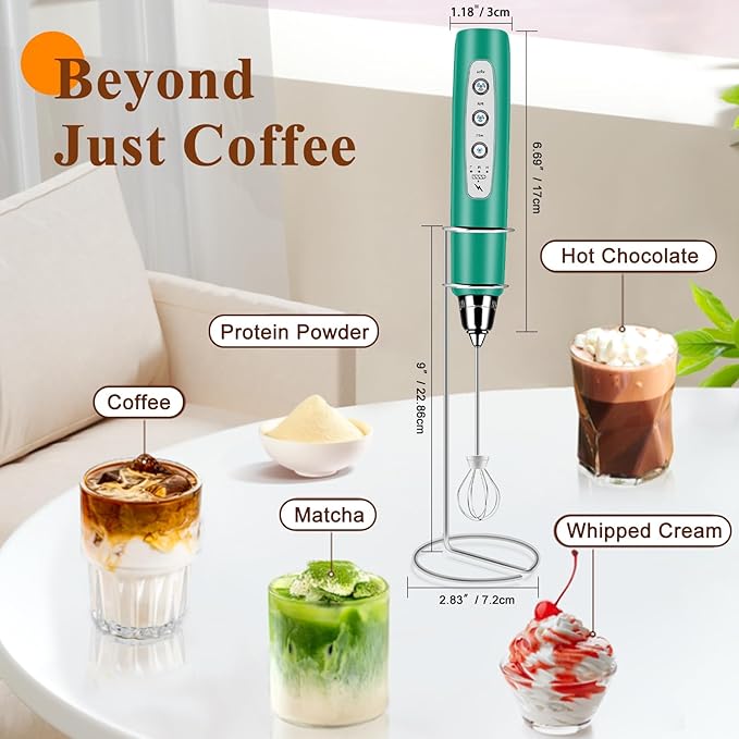 Milk Frother Handheld Rechargeable with Stand, Frother Wand Drink Mixer Electric Whisk for Coffee, Detachable With 3 Stainless Whisks, Hand Mixer for Lattes, Cappuccino, Matcha, Egg, Green