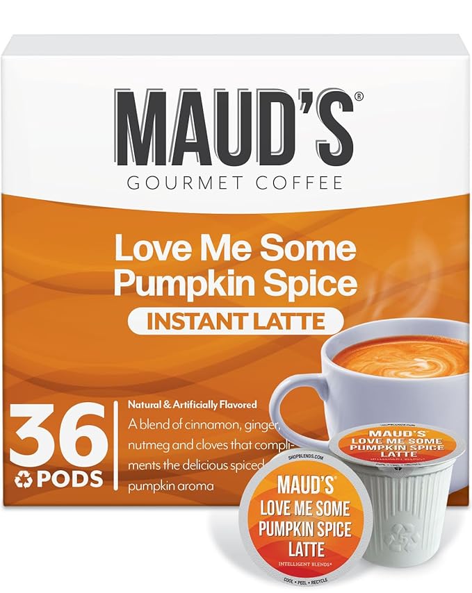 Maud's Pumpkin Spice Latte Flavored Coffee Pods, 36 ct, Medium Roast Flavored Coffee in Recyclable Single Serve Pods – 100% Arabica, Compatible with Keurig K Cups Maker