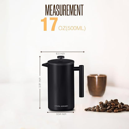 Utopia Kitchen French Press Coffee Maker, Double Wall Insulated Stainless Steel Coffee Press with 4-Level Filtration system, Includes 2 Extra Filters, Rust-Free, Dishwasher Safe (Black, 17 Ounce)
