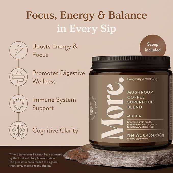 More. Longevity & Wellbeing Mushroom Coffee Superfood – 7 Functional Mushrooms with Lion’s Mane, Reishi, Chaga & Ashwagandha Extract, Instant Coffee Alternative with Prebiotics and Essential Vitamins for Focus & Energy, Mocha