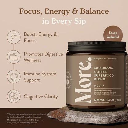 More. Longevity & Wellbeing Mushroom Coffee Superfood – 7 Functional Mushrooms with Lion’s Mane, Reishi, Chaga & Ashwagandha Extract, Instant Coffee Alternative with Prebiotics and Essential Vitamins for Focus & Energy, Mocha