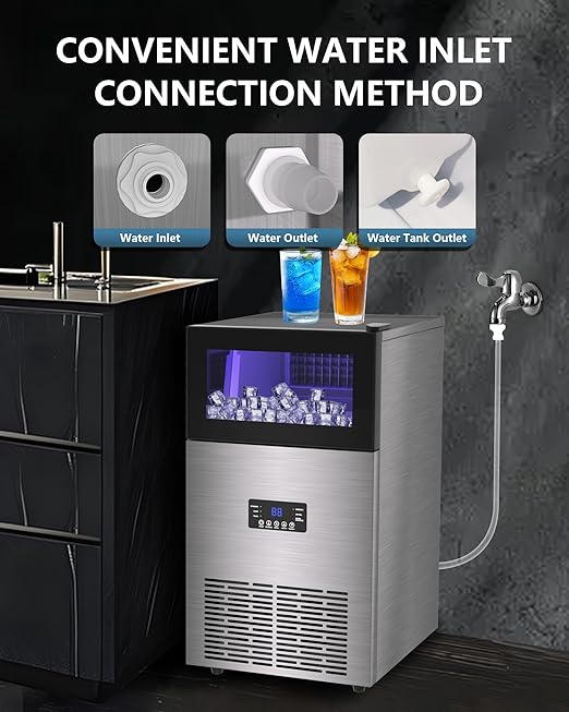 Commercial Ice Maker Machine 𝟏𝟕𝟎 𝐋𝐛𝐬/𝐃𝐚𝐲, Undercounter Ice Makers 40Lbs Storage Bin and 63 Ice Trays, Outdoor Ice Maker Brushed Metal with Water Line, Ice Scoop, for Home, Bar, Party