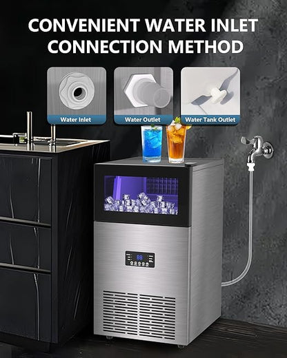 Commercial Ice Maker Machine 𝟏𝟕𝟎 𝐋𝐛𝐬/𝐃𝐚𝐲, Undercounter Ice Makers 40Lbs Storage Bin and 63 Ice Trays, Outdoor Ice Maker Brushed Metal with Water Line, Ice Scoop, for Home, Bar, Party