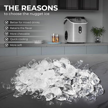 Nugget Ice Maker Countertop, 35.5Lbs/24Hrs Chewable Sonic Ice Machine with Self-Cleaning, Handle, Water Tank, Quiet Operation & Portable Pellet Ice Maker for Home, Office, Kitchen, Bar, Silver