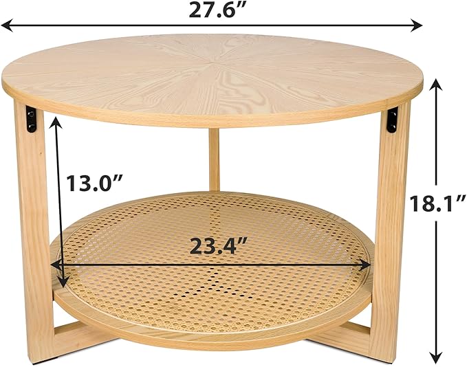 ZYBT Rattan Coffee Tables for Living Room, Small Coffee Table for Small Spaces, Round Coffee Table with Storage, Wooden Circle Center Tea Table