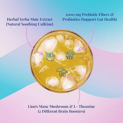 Yerba Mate Instant Tea Powder, 4-in-1 Functional Yerba Extract with Prebiotics & Probiotics, Low Sugar Clean Energy Drink for Focus, Gut Health & Reduce Brain Fog, Peach Mango - 30 Servings