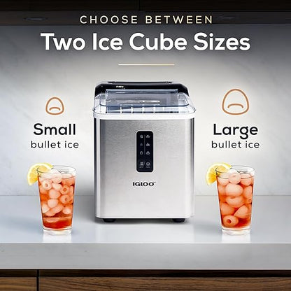 Igloo Automatic Ice Maker, Self-Cleaning, Countertop Size, 26 lbs in 24 Hours, 9 Large or Small Ice Cubes in 7 Minutes, LED Control Panel, Scoop Included, Great for Water Bottles, Stainless Steel