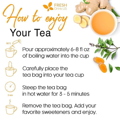 FreshDrinkUS, Premium 135 Tulsi Turmeric Ginger Tea Bags, 100% Natural & Pure from Tulsi Holy Basil Leaves, Turmeric and Ginger. Made with Natural Material Tea Bags. No Sugar, No Caffeine, Vegan.