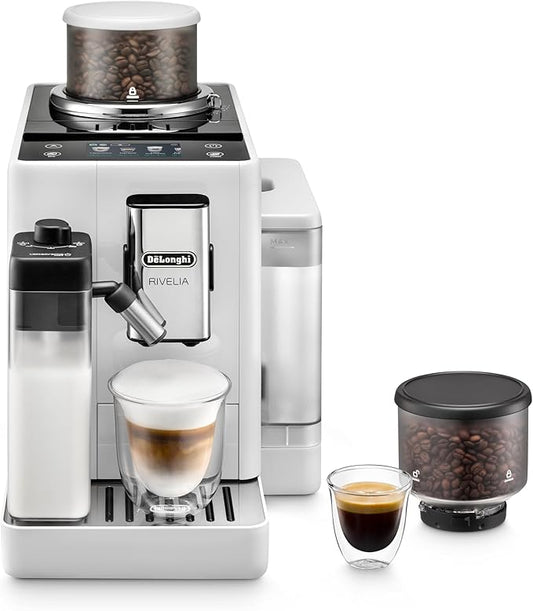 De'Longhi Rivelia Automatic Espresso Machine with Grinder & Milk Frother – All-in-One Coffee Maker, Hot & Iced Latte, Cappuccino, Bean Switch System, Burr Grinder, Compact Italian Design, White