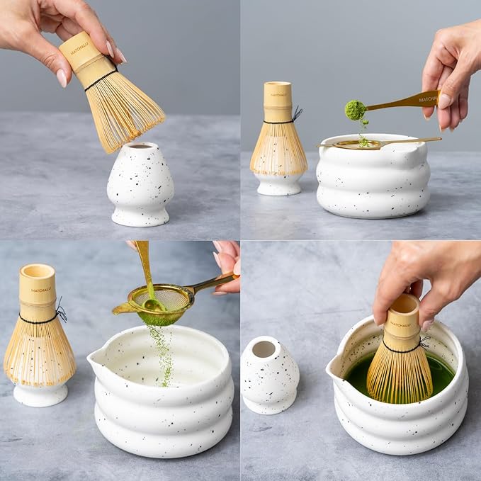 Premium 9 Piece Matcha Set With Ceramic Matcha Bowl, Bamboo Whisk & Holder, Stainless Steel Spoon & Sifter, Glass Cup & Straw, Electric Frother, Storage Bag - Gift for Matcha Lovers (White)