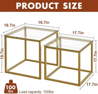 VILAWLENCE Coffee Table Set of 2, Modern Gold Glass Side Table, Metal Frame Square End Table, Center Tables Nesting Coffee Table for Living Room,Bedroom and Small Spaces