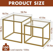 VILAWLENCE Coffee Table Set of 2, Modern Gold Glass Side Table, Metal Frame Square End Table, Center Tables Nesting Coffee Table for Living Room,Bedroom and Small Spaces