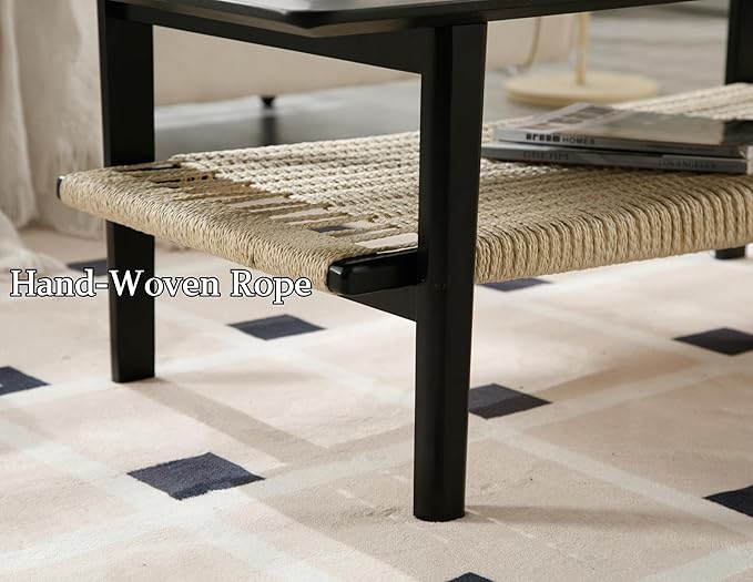 Black Coffee Table for Living Room Farmhouse Coffee Table with Natural Rattan Storage Shelf Large 2-Tier Rectangular Center Table for Living Room Reception