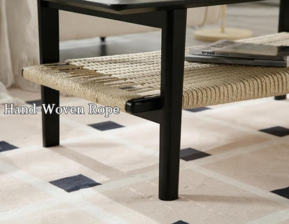 Black Coffee Table for Living Room Farmhouse Coffee Table with Natural Rattan Storage Shelf Large 2-Tier Rectangular Center Table for Living Room Reception