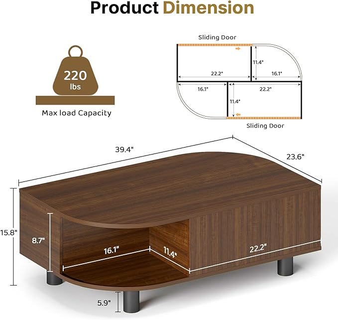Mid-Century Modern 39.4" Coffee Table - Leaf-Shaped Wood Center Table with Storage, Retro Fluted Central Table with Sliding Door & Large Hidden Compartment, for Living Room, Office, Walnut